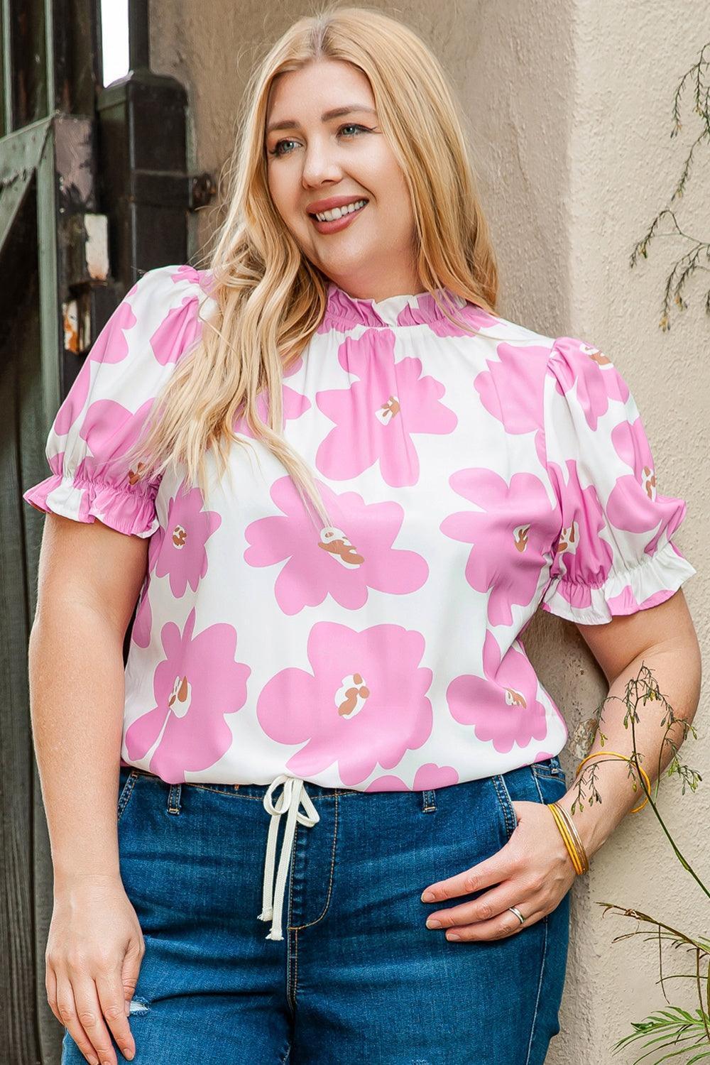 Plus Size Printed Round Neck Short Sleeve Top - ClubOn