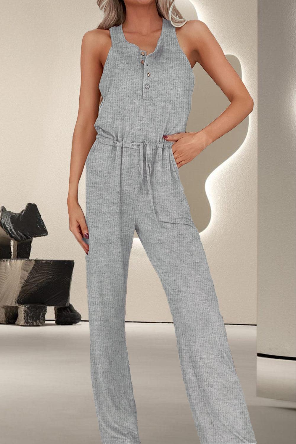 Drawstring Quarter Button Wide Strap Jumpsuit - ClubOn