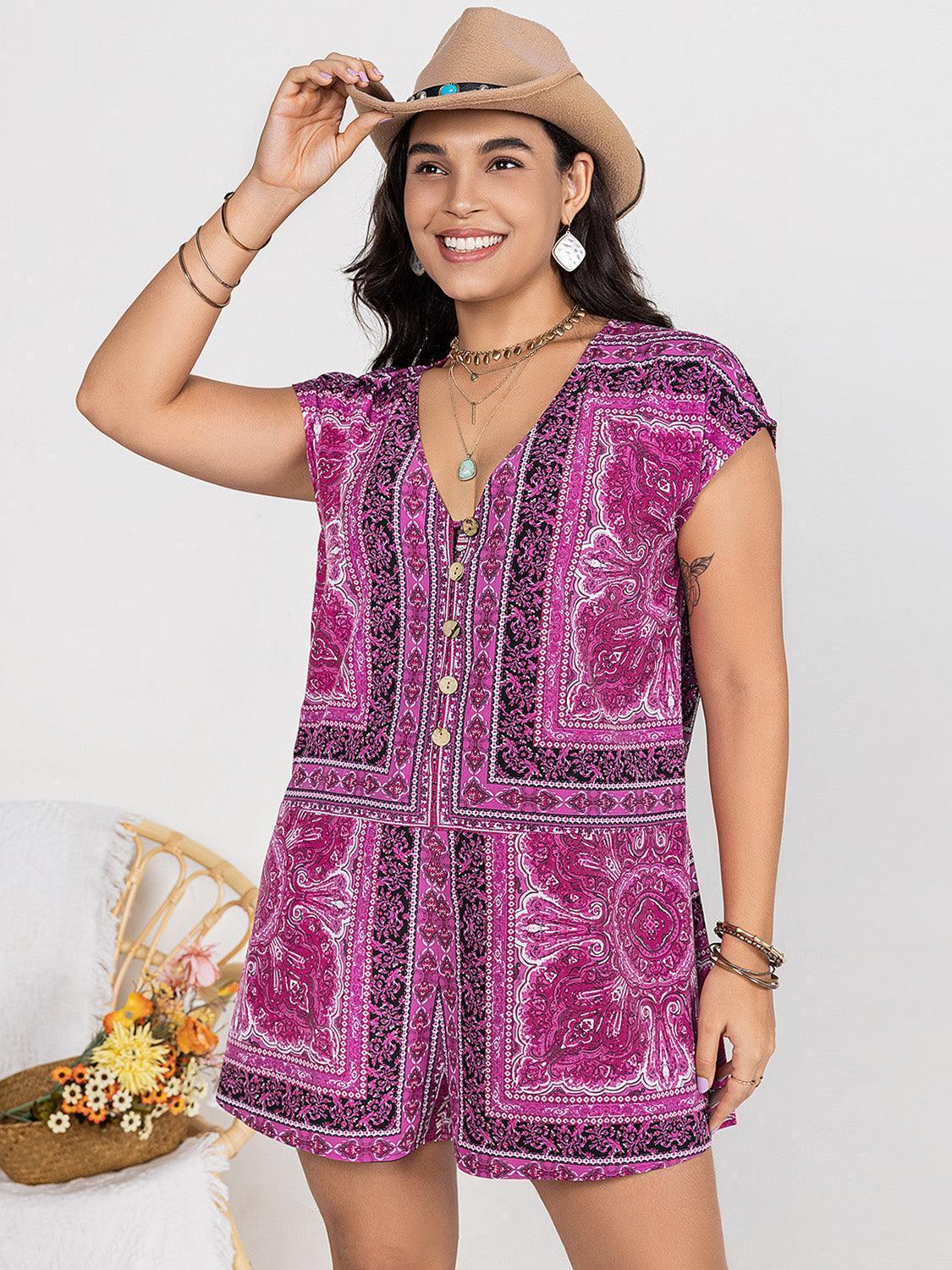 Plus Size Printed V-Neck Cap Sleeve Romper - ClubOn