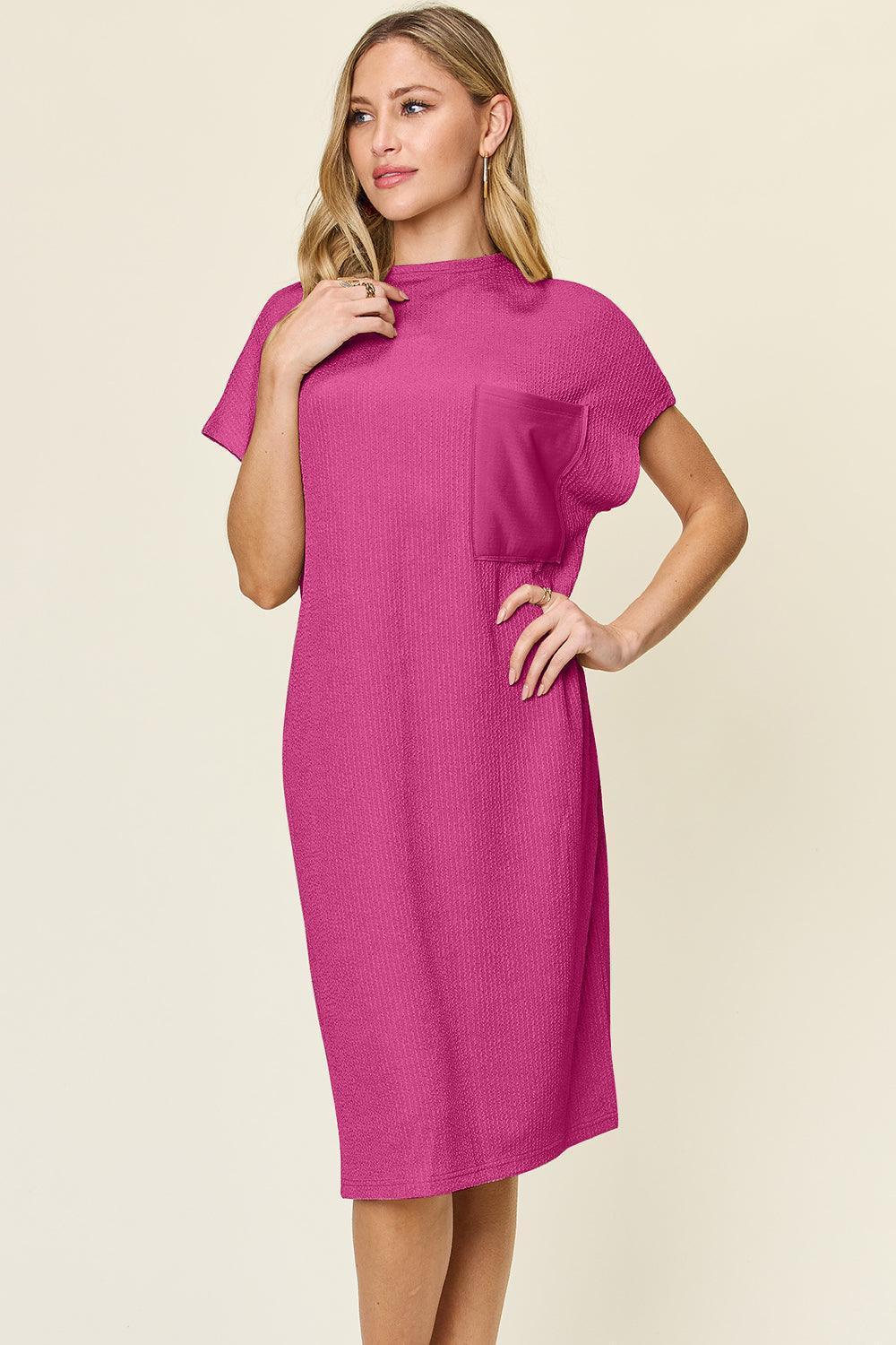 Double Take Full Size Texture Mock Neck Short Sleeve Dress - ClubOn