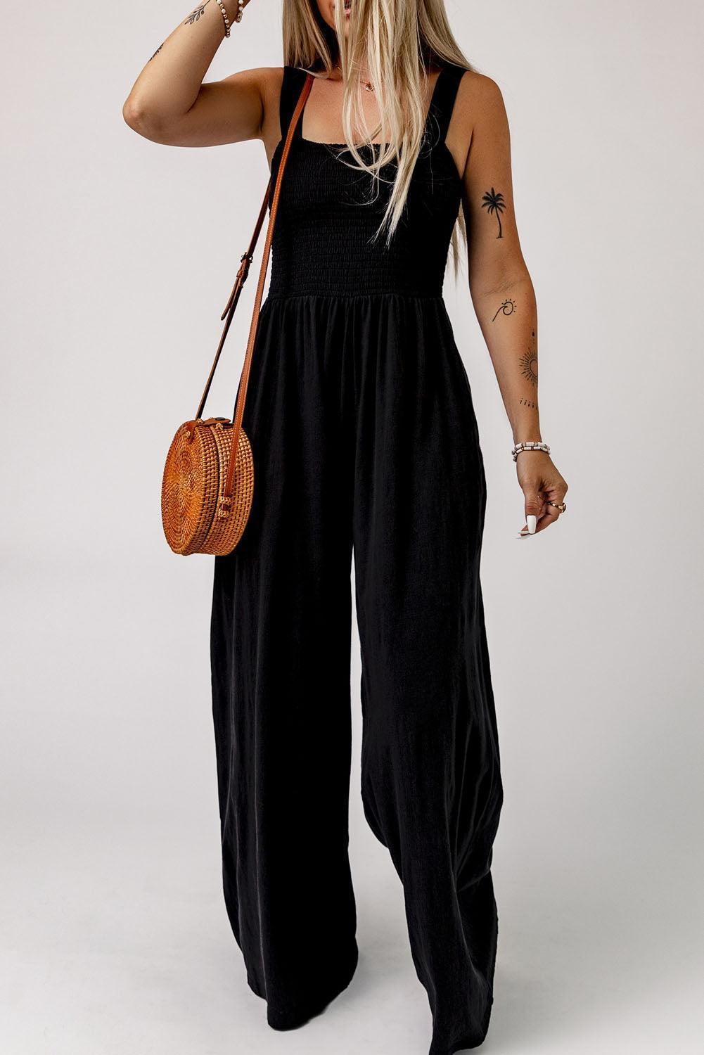 Smocked Square Neck Wide Leg Jumpsuit with Pockets - ClubOn