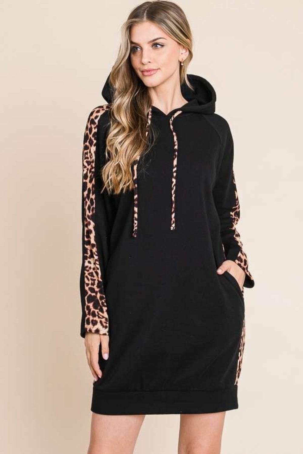 Culture Code Drawstring Leopard Long Sleeve Hooded Dress - ClubOn