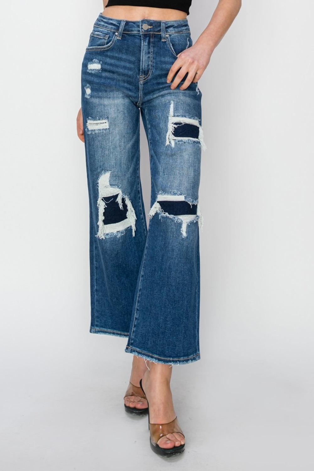 Risen Full Size High Rise Patch Detailed Wide Leg Crop Jeans - ClubOn