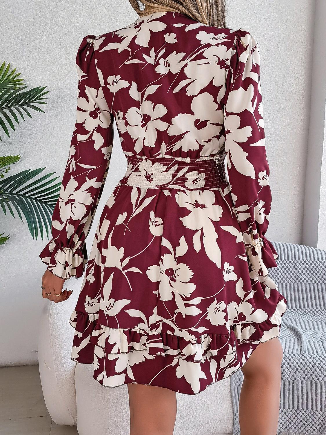 Tied Ruffled Printed Long Sleeve Dress - ClubOn