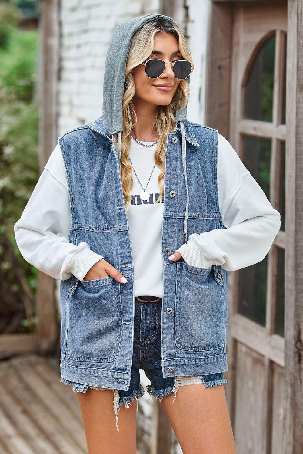 Sleeveless Denim Top with A Detachable Hood - ClubOn