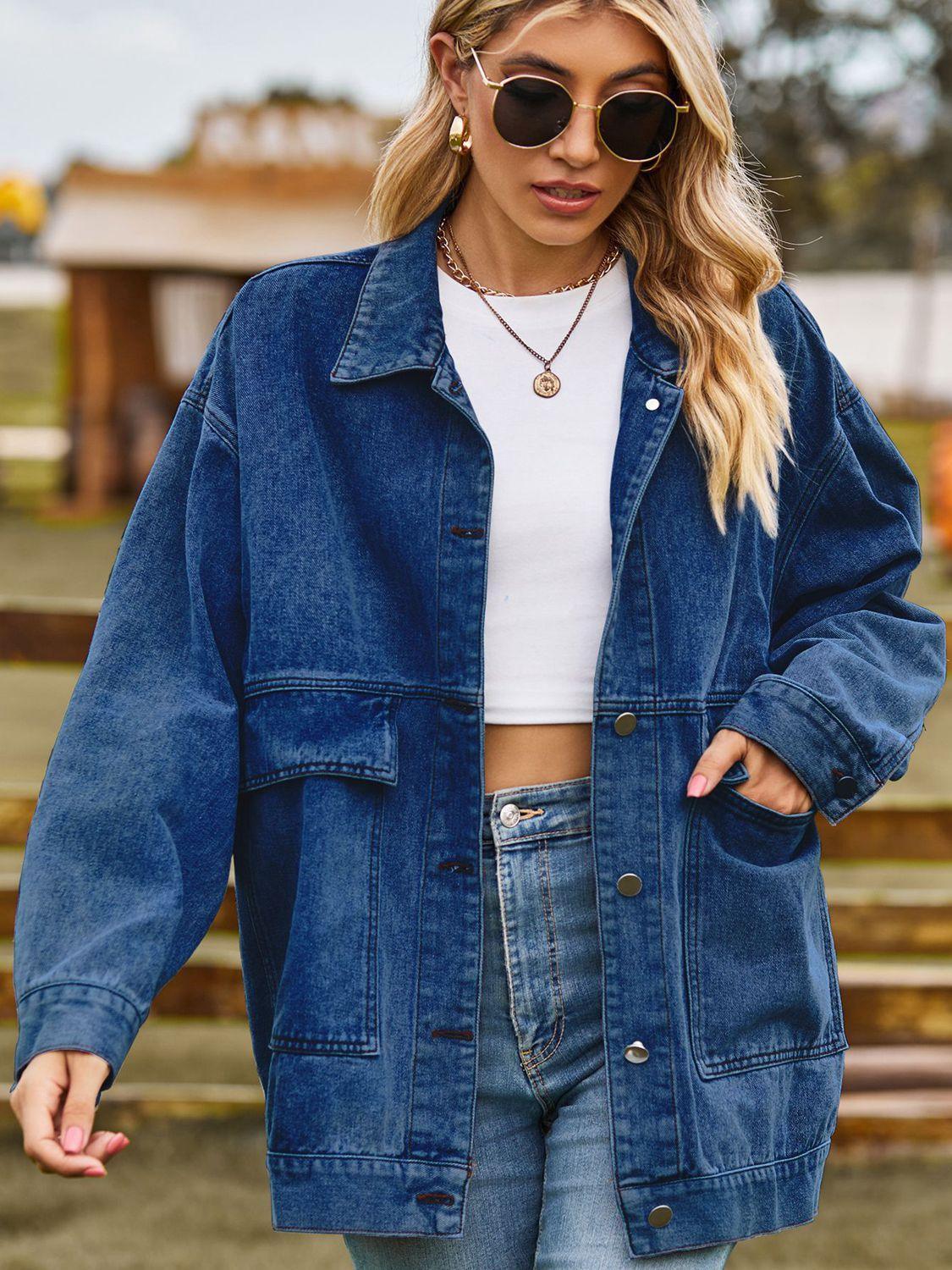 Dropped Shoulder Denim Jacket with Pockets - ClubOn