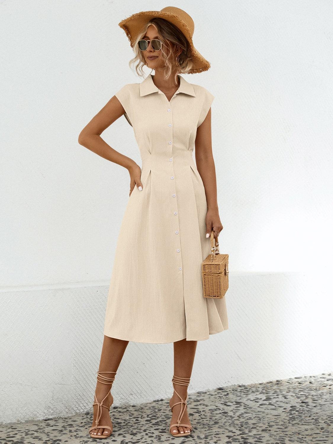 Button Up Cap Sleeve Midi Dress - ClubOn