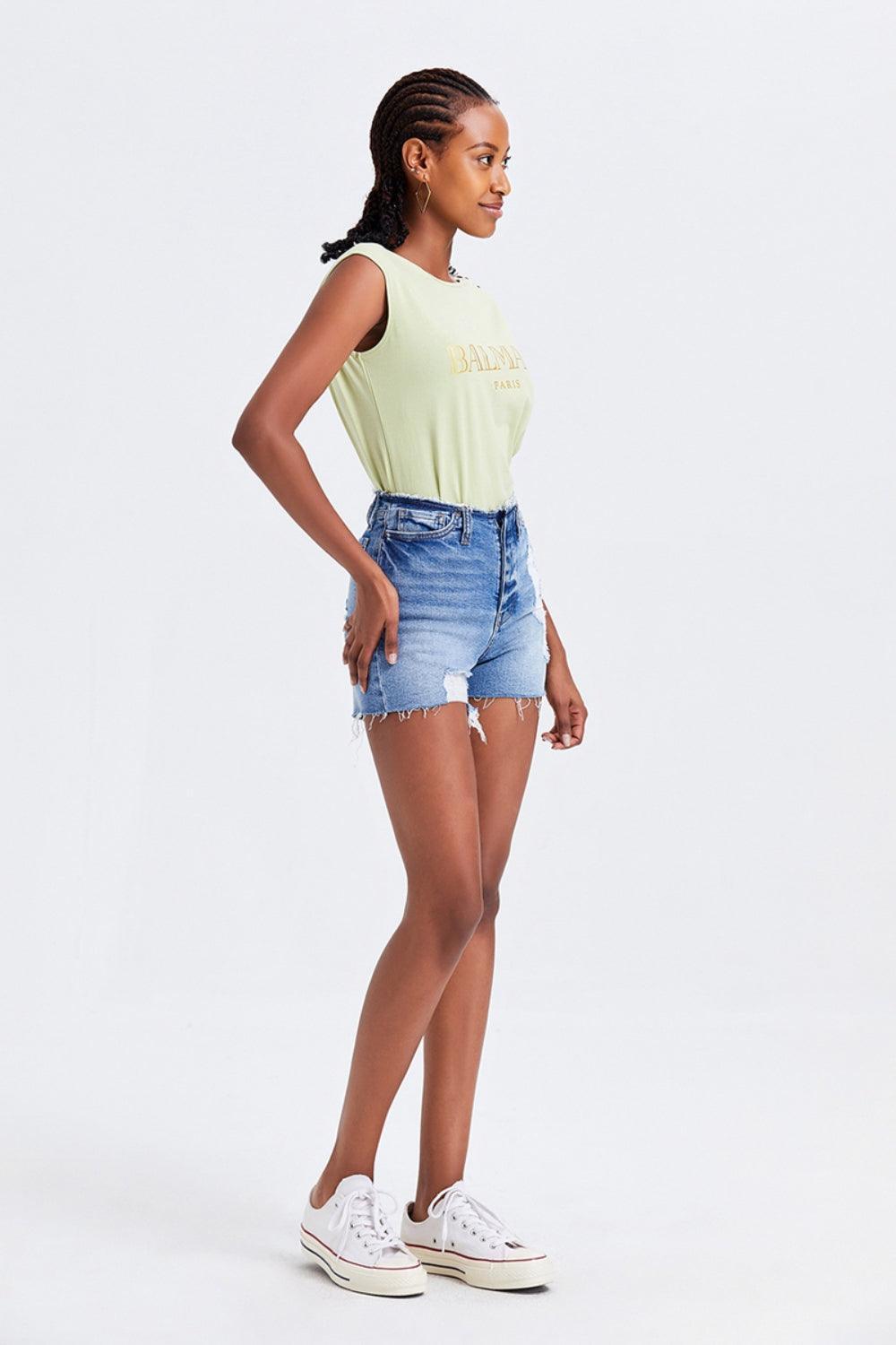 BAYEAS High Rise Bandless Denim Shorts - ClubOn