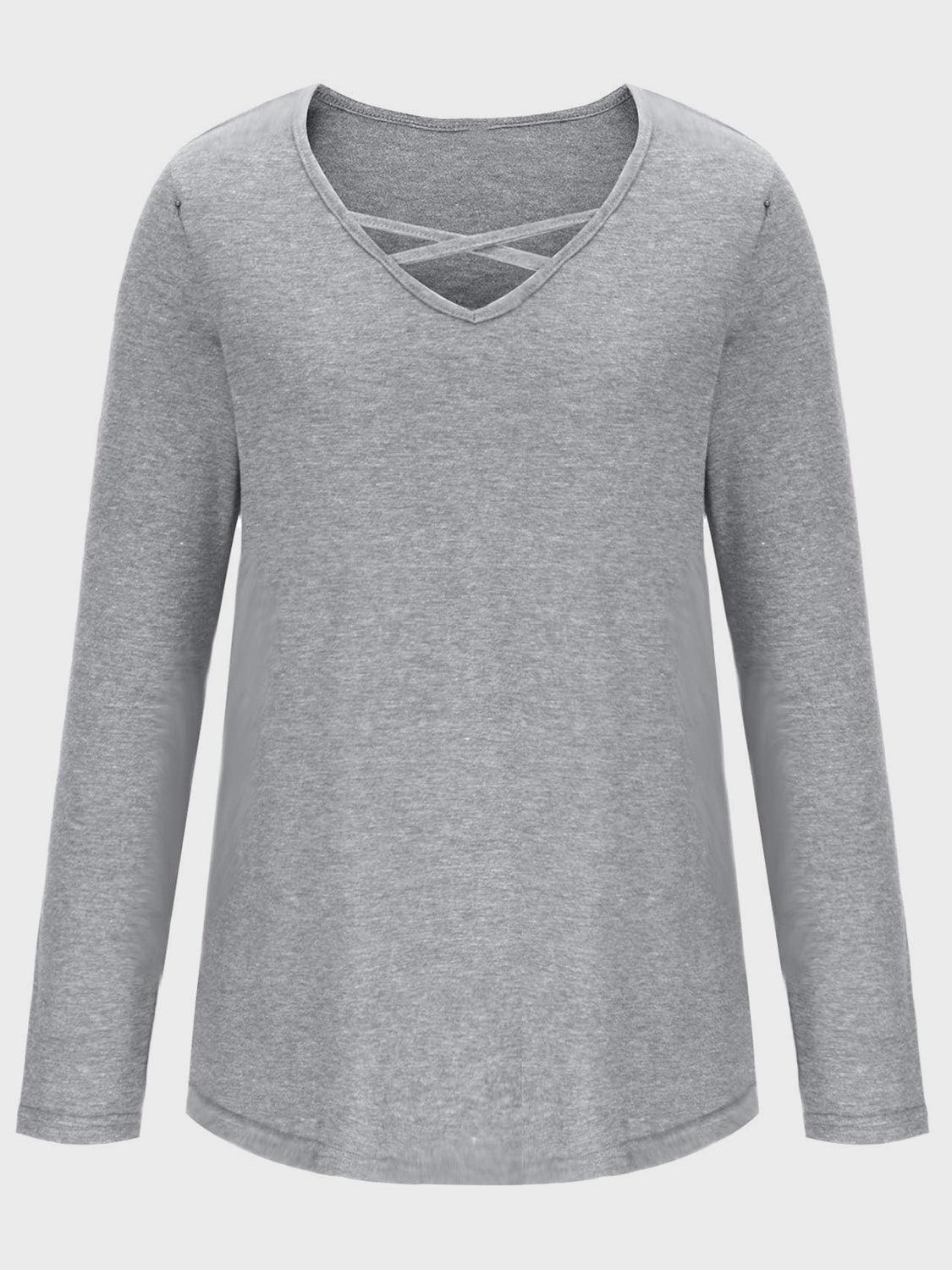 Crisscross V-Neck Long Sleeve T-Shirt - ClubOn