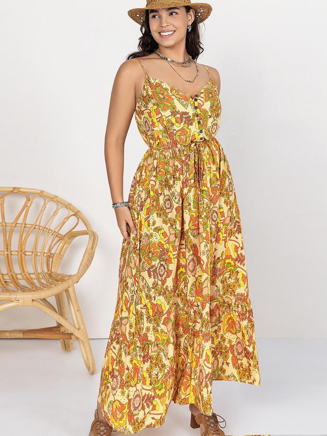 Plus Size Printed V-Neck Maxi Cami Dress - ClubOn