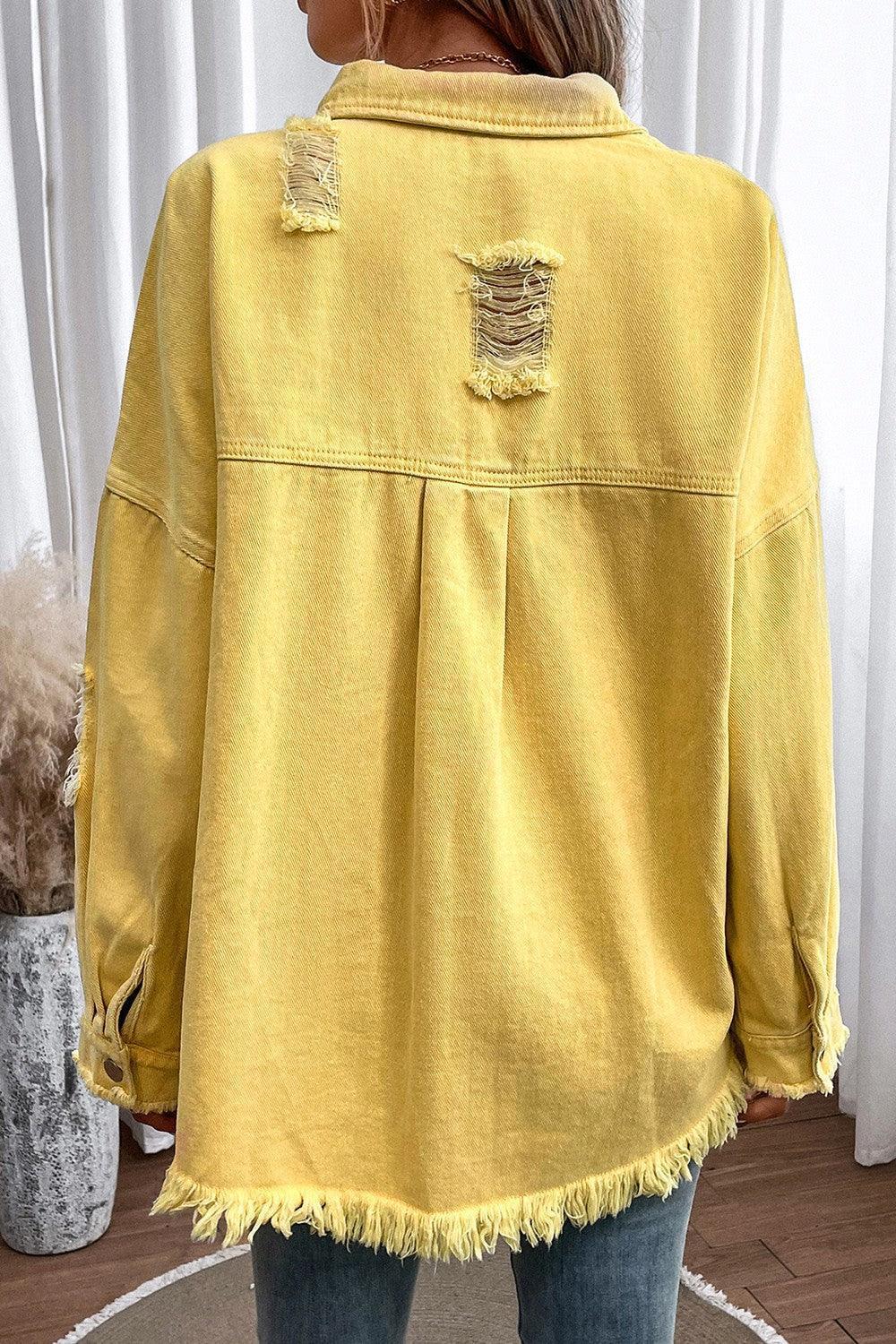 Distressed Button Up Raw Hem Denim Jacket - ClubOn