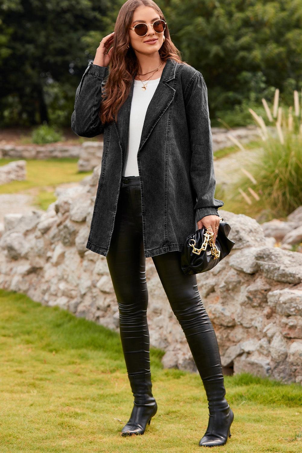 Tied Collared Neck Denim Jacket - ClubOn