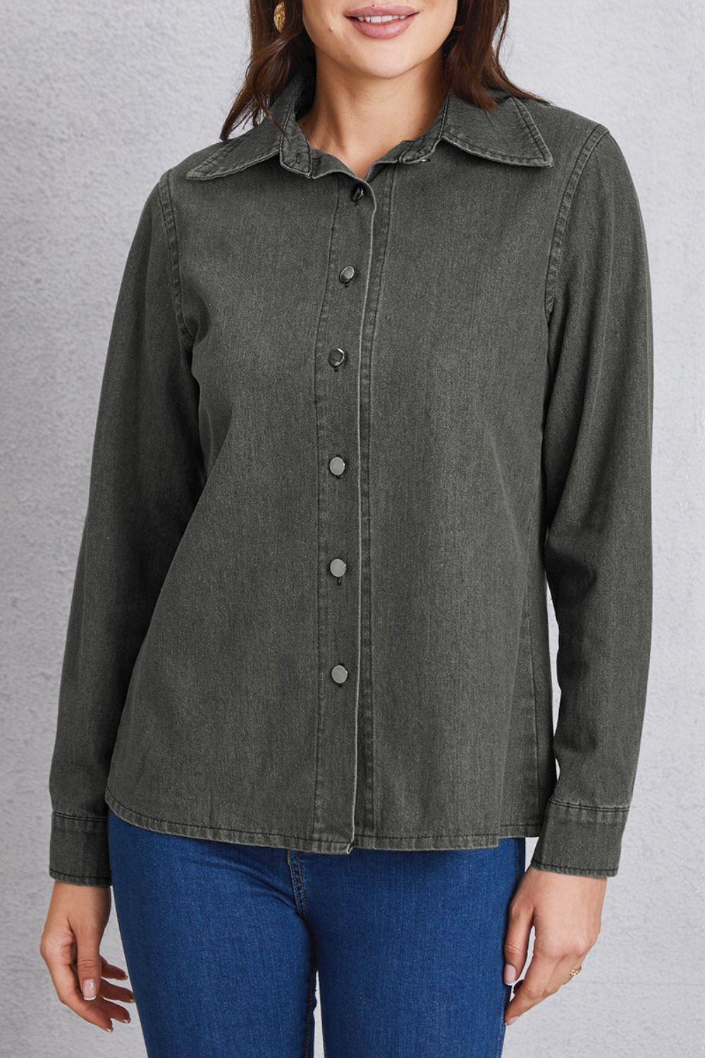 Collared Neck Button Up Denim Top - ClubOn