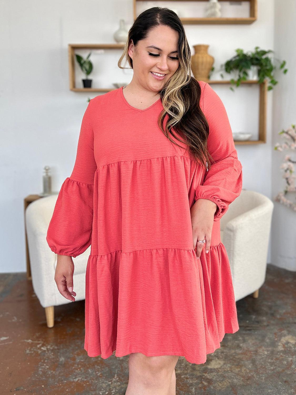 Double Take Full Size V-Neck Balloon Sleeve Tiered Dress with Pockets - ClubOn