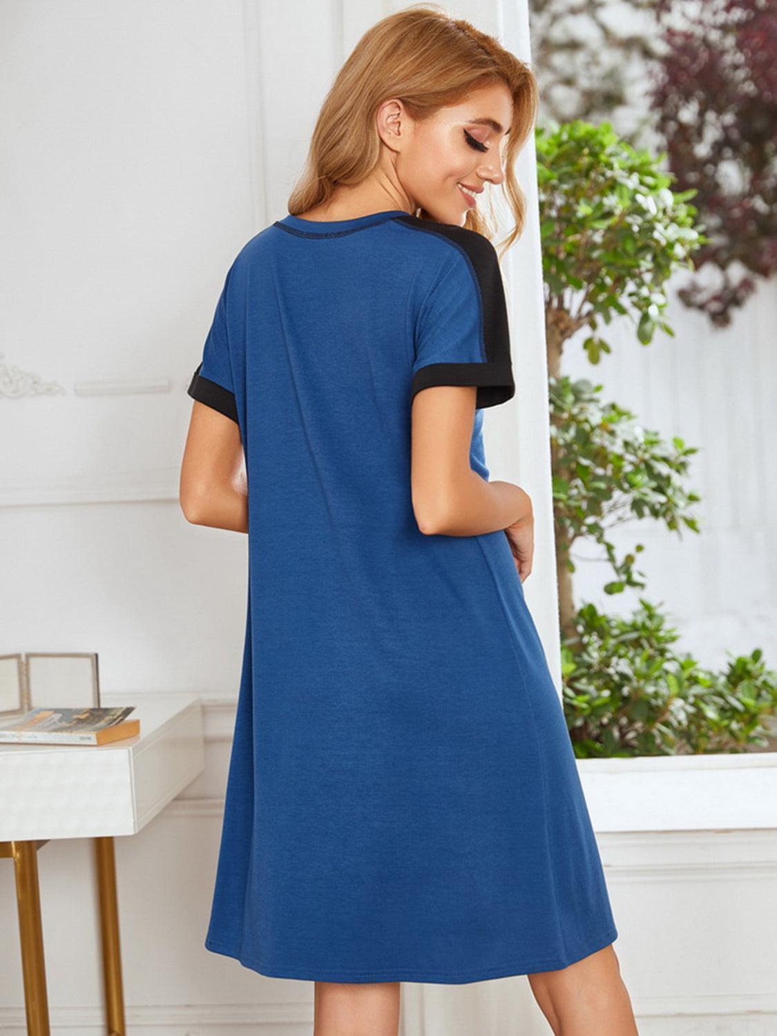 Contrast Stitching Contrast Short Sleeve Dress - ClubOn