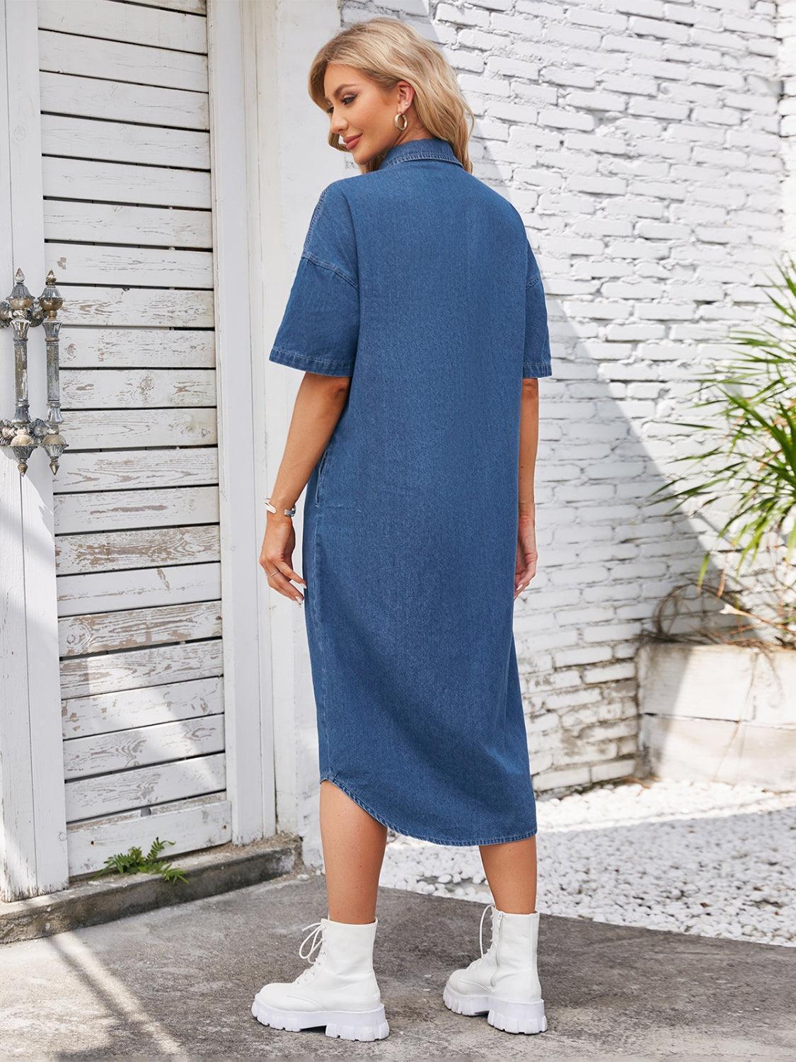 Button Up Dropped Shoulder Denim Dress - ClubOn