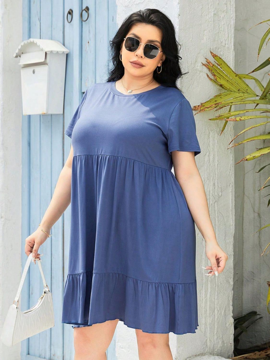 Plus Size Round Neck Short Sleeve Dress - ClubOn