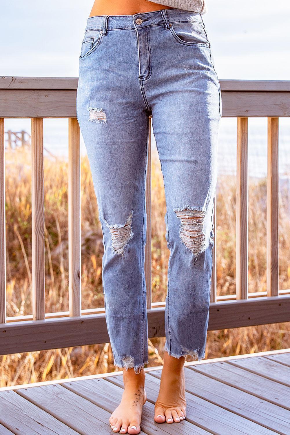 Stylish Distressed Cropped Jeans - ClubOn