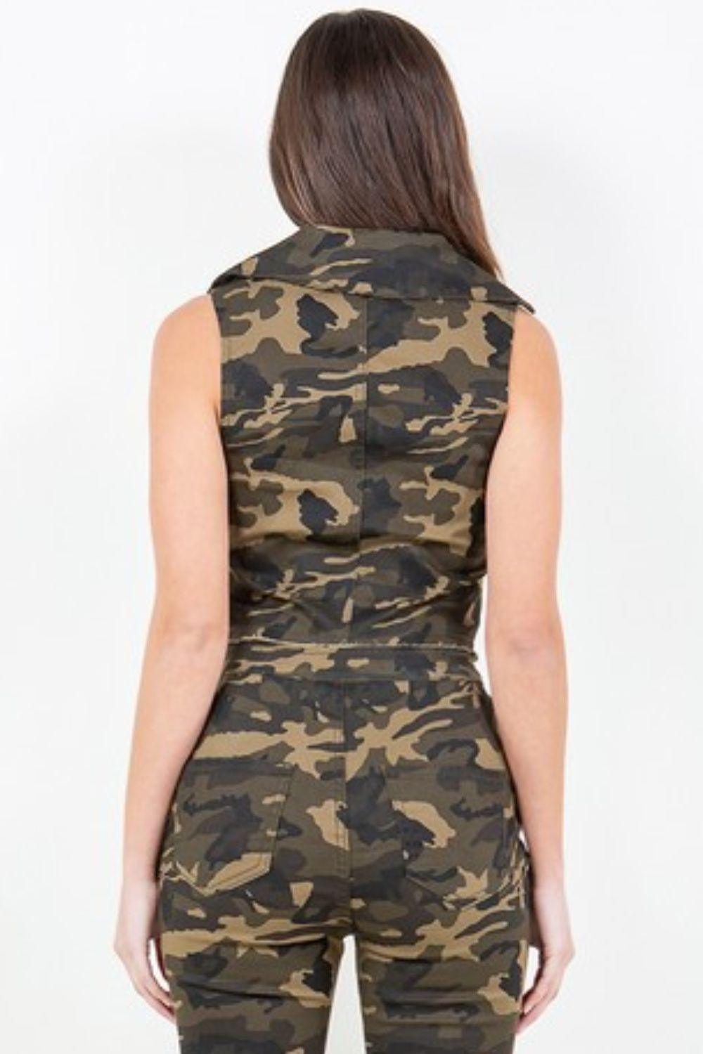 American Bazi Zip Up Camo Crop Denim Vest - ClubOn