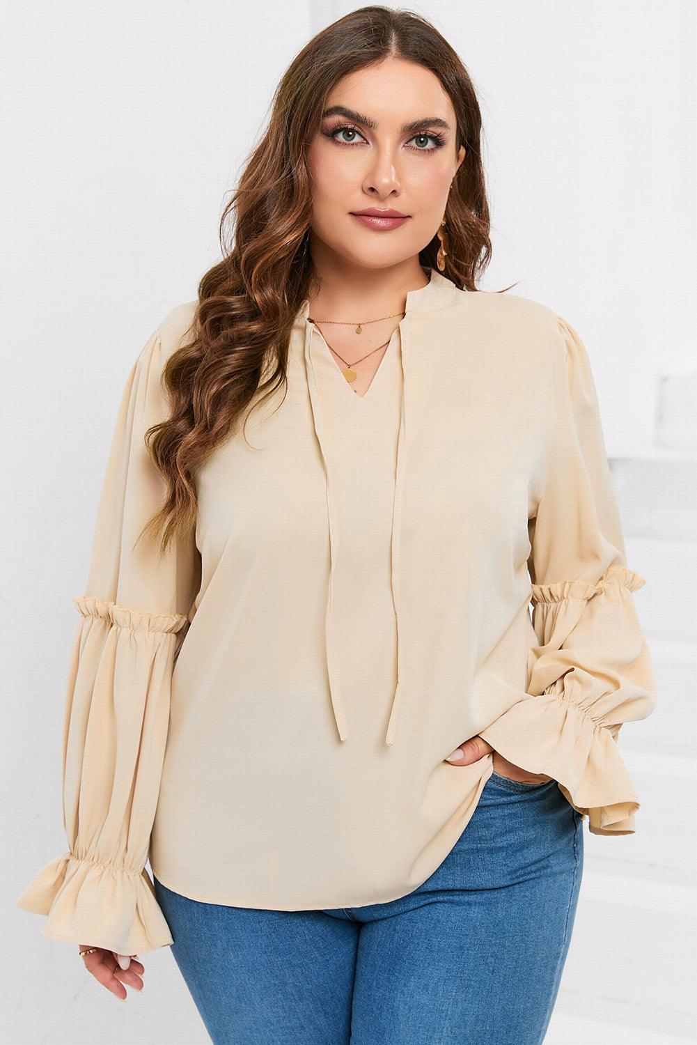 Plus Size Ruffled Tie Neck Flounce Sleeve Blouse - ClubOn