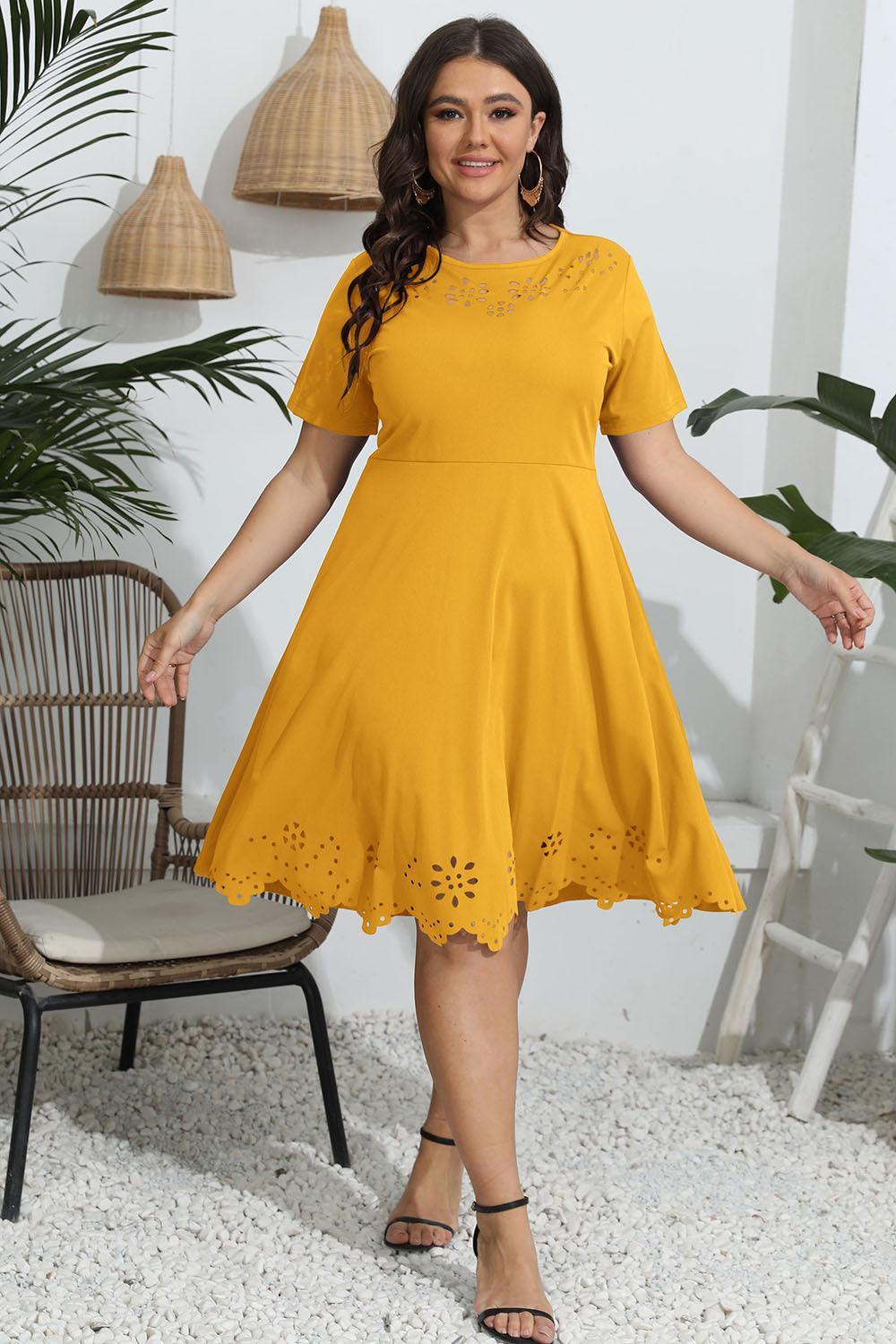 Plus Size Round Neck Openwork Dress - ClubOn