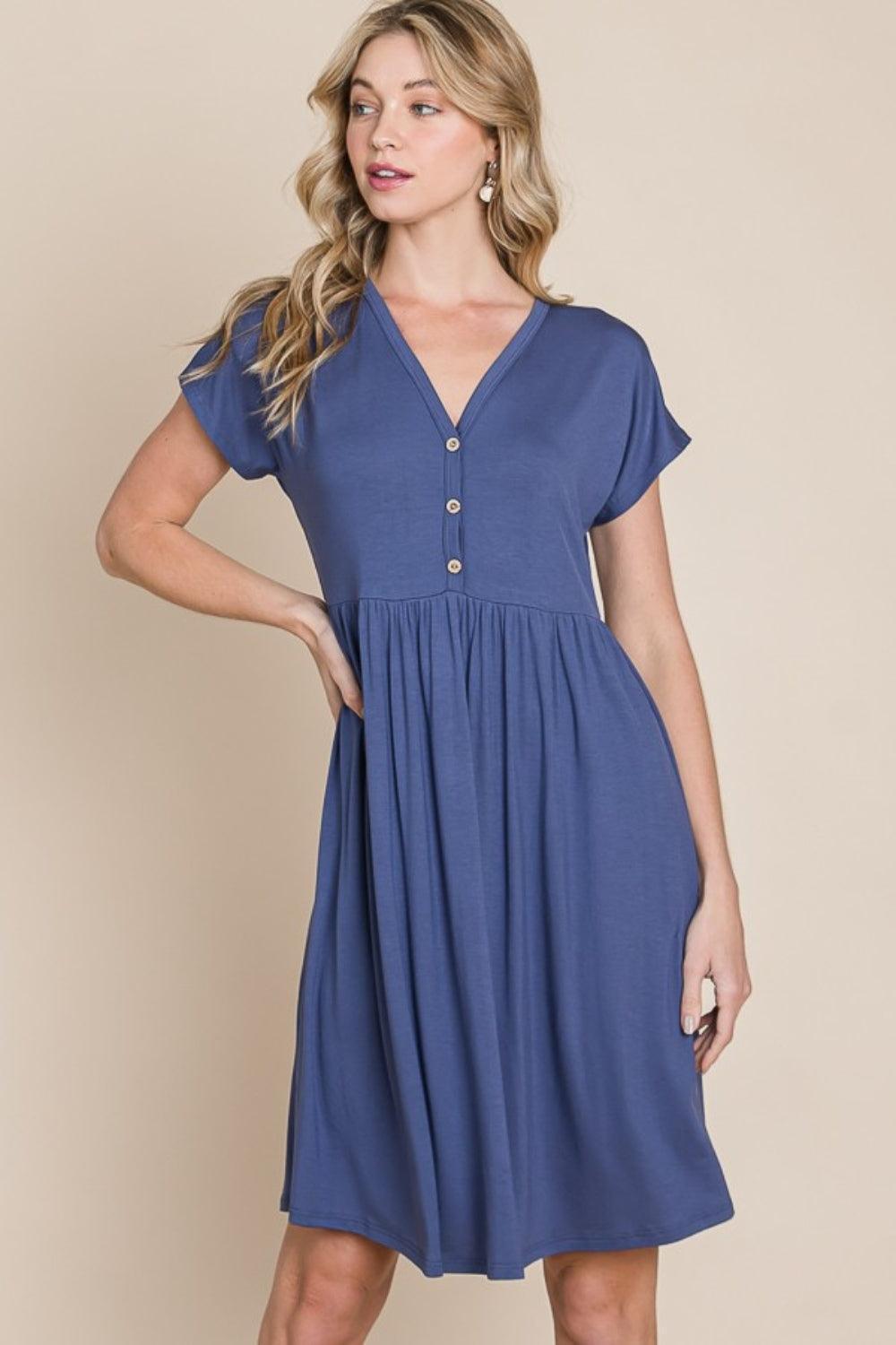 BOMBOM V-Neck Short Sleeve Dress - ClubOn