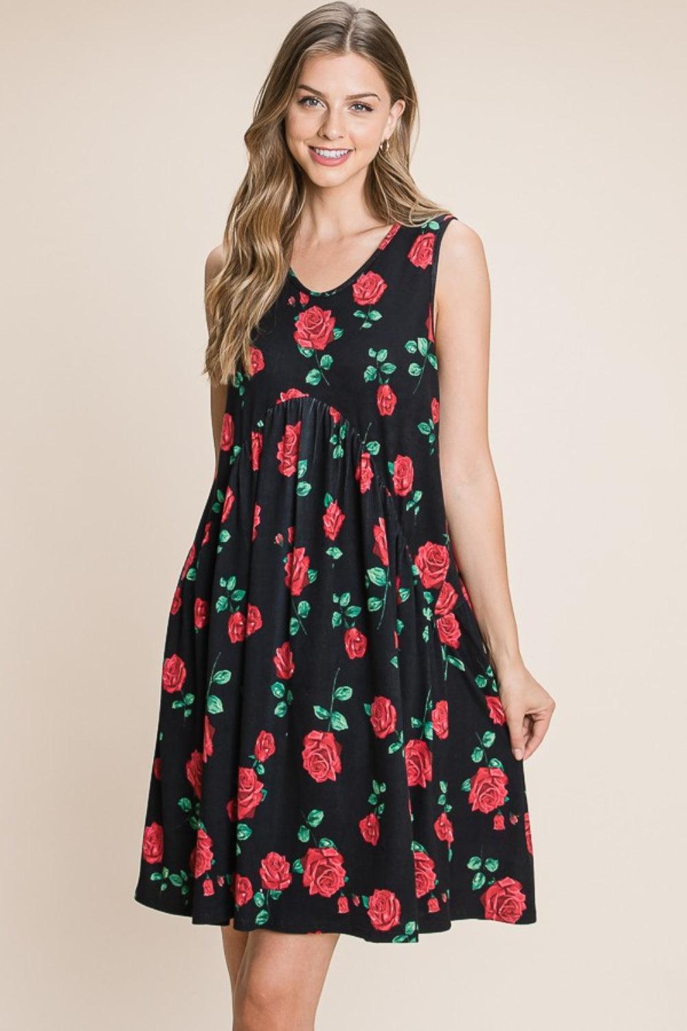 BOMBOM Floral Ruched Tank Dress - ClubOn