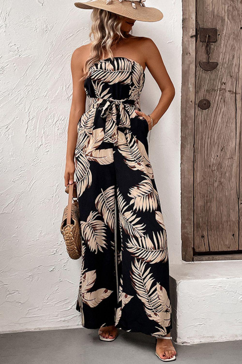 Perfee Printed Strapless Wide Leg Jumpsuit with Pockets - ClubOn
