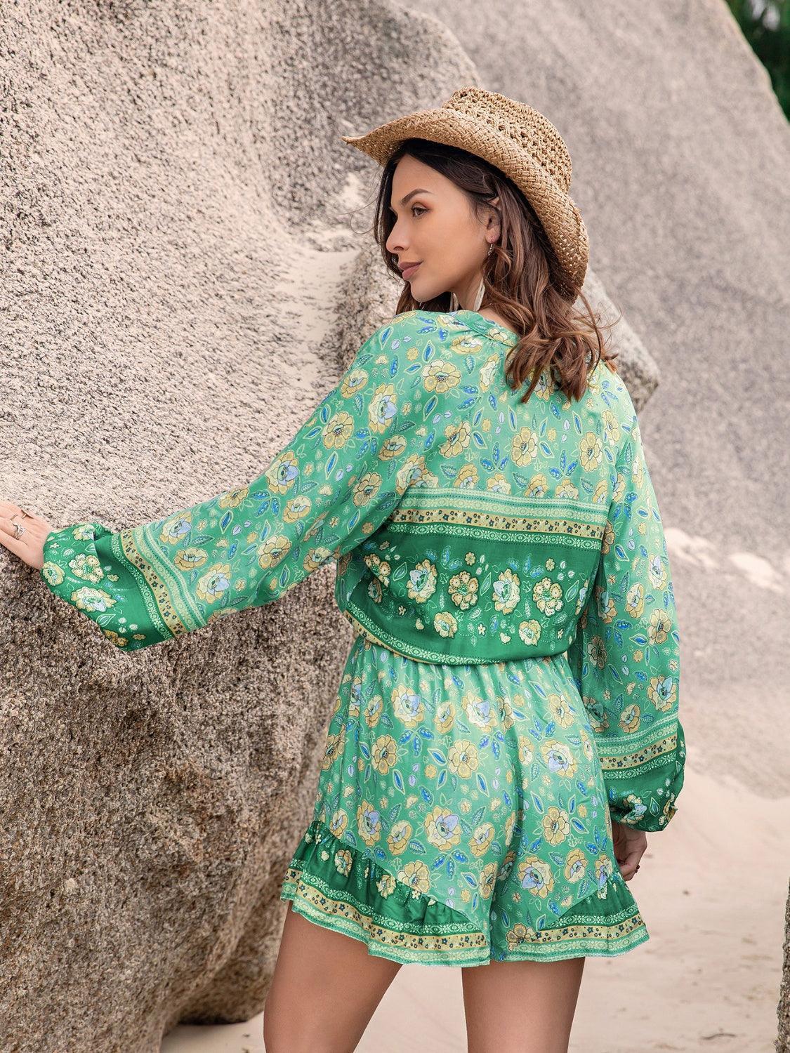 Printed Ruffled Balloon Sleeve Romper - ClubOn