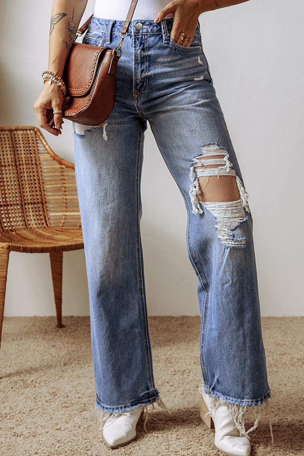 Distressed Straight Leg Jeans with Pockets - ClubOn