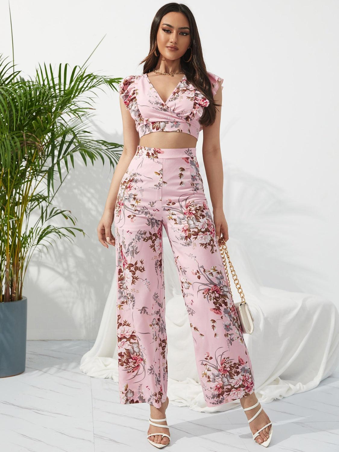 Honey Printed Surplice Cap Sleeve Top and Pants Set - ClubOn