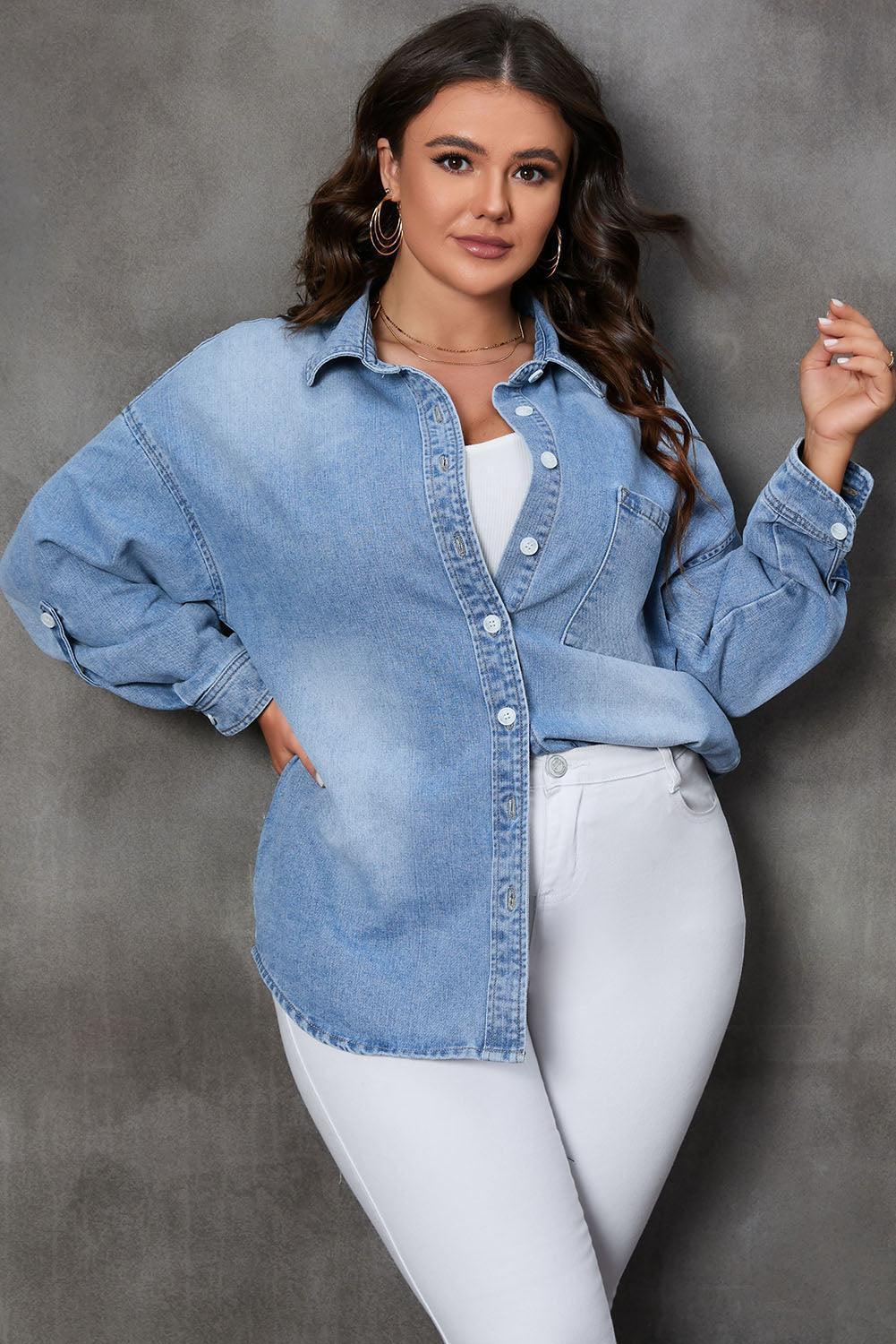Plus Size Button Up Pocketed Denim Top - ClubOn