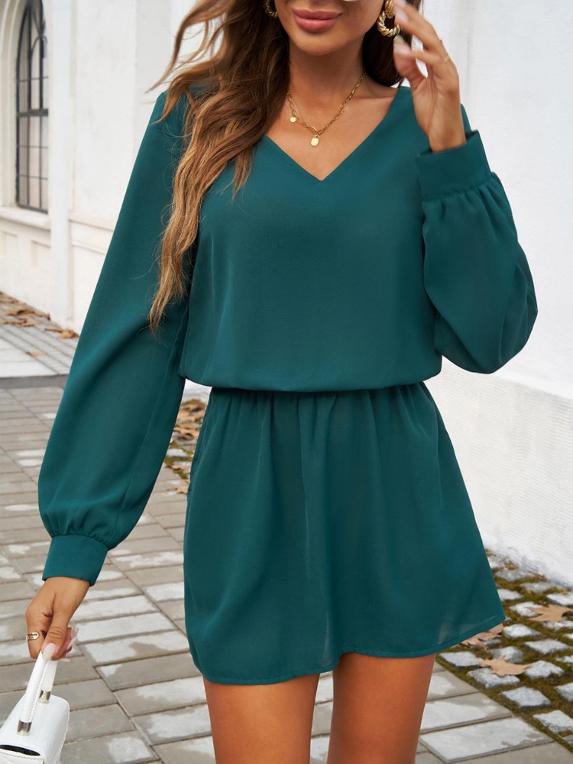 Devine Cutout V-Neck Long Sleeve Mini Dress - ClubOn