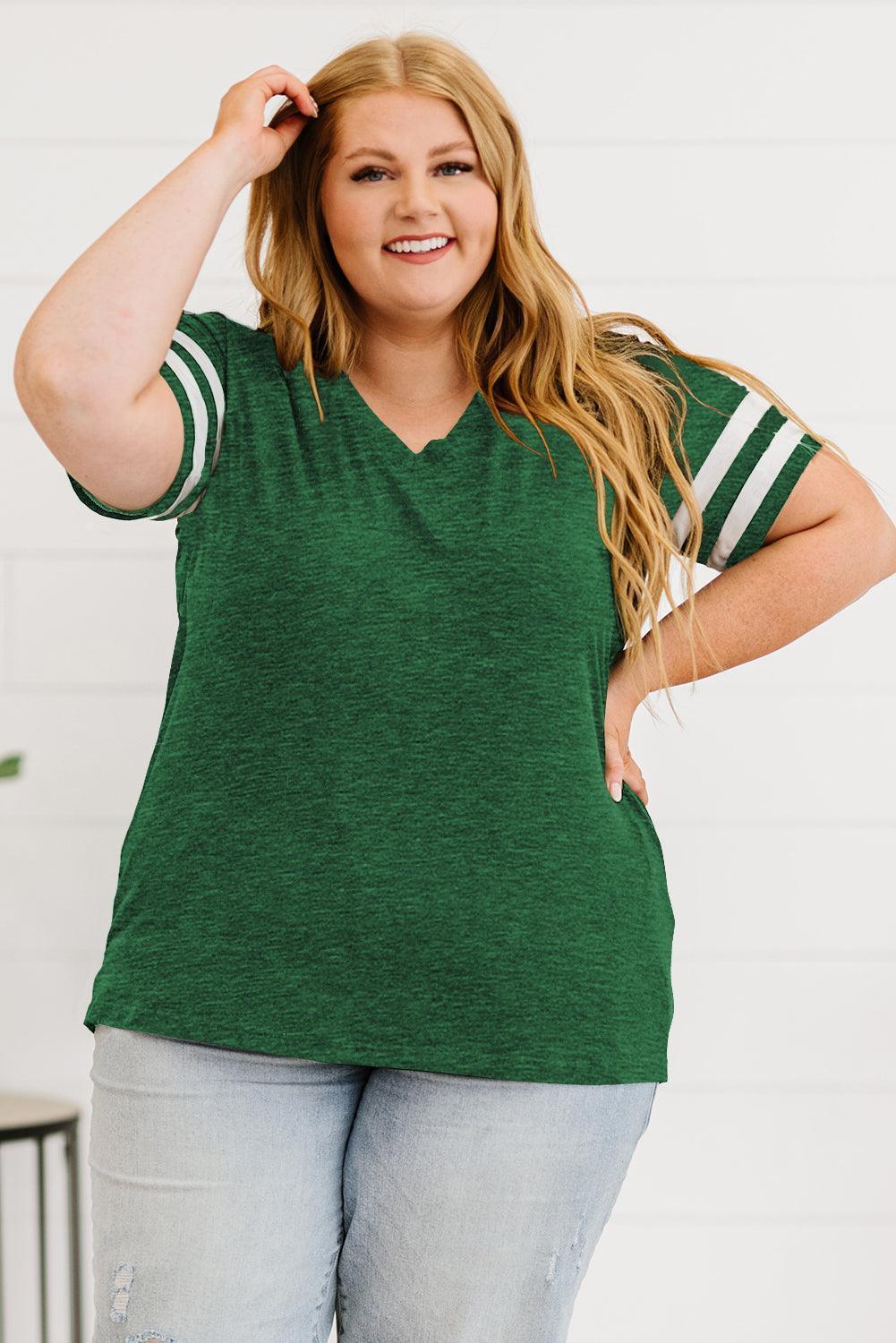 Plus Size Striped V-Neck Tee Shirt - ClubOn