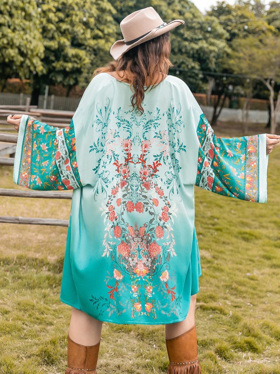Plus Size Printed Open Front Long Sleeve Cover Up - ClubOn