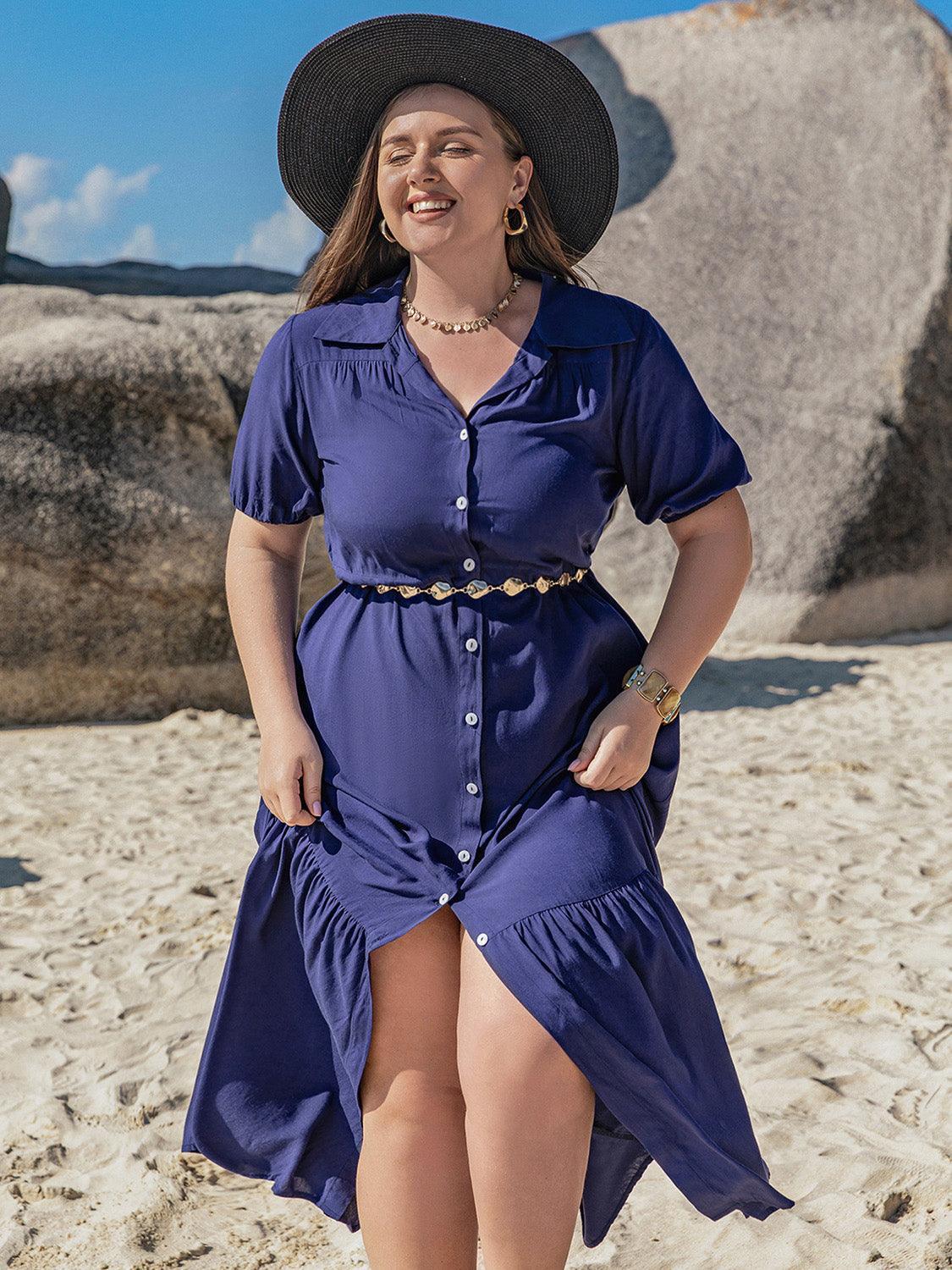 Plus Size Collared Neck Short Sleeve Midi Dress - ClubOn