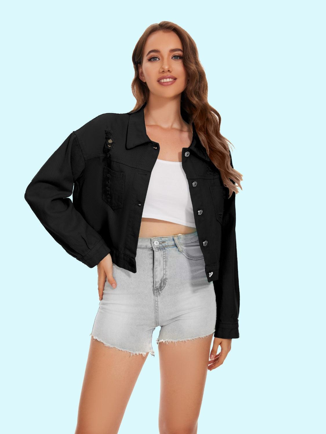 Distressed Distressed Button Up Denim Jacket - ClubOn