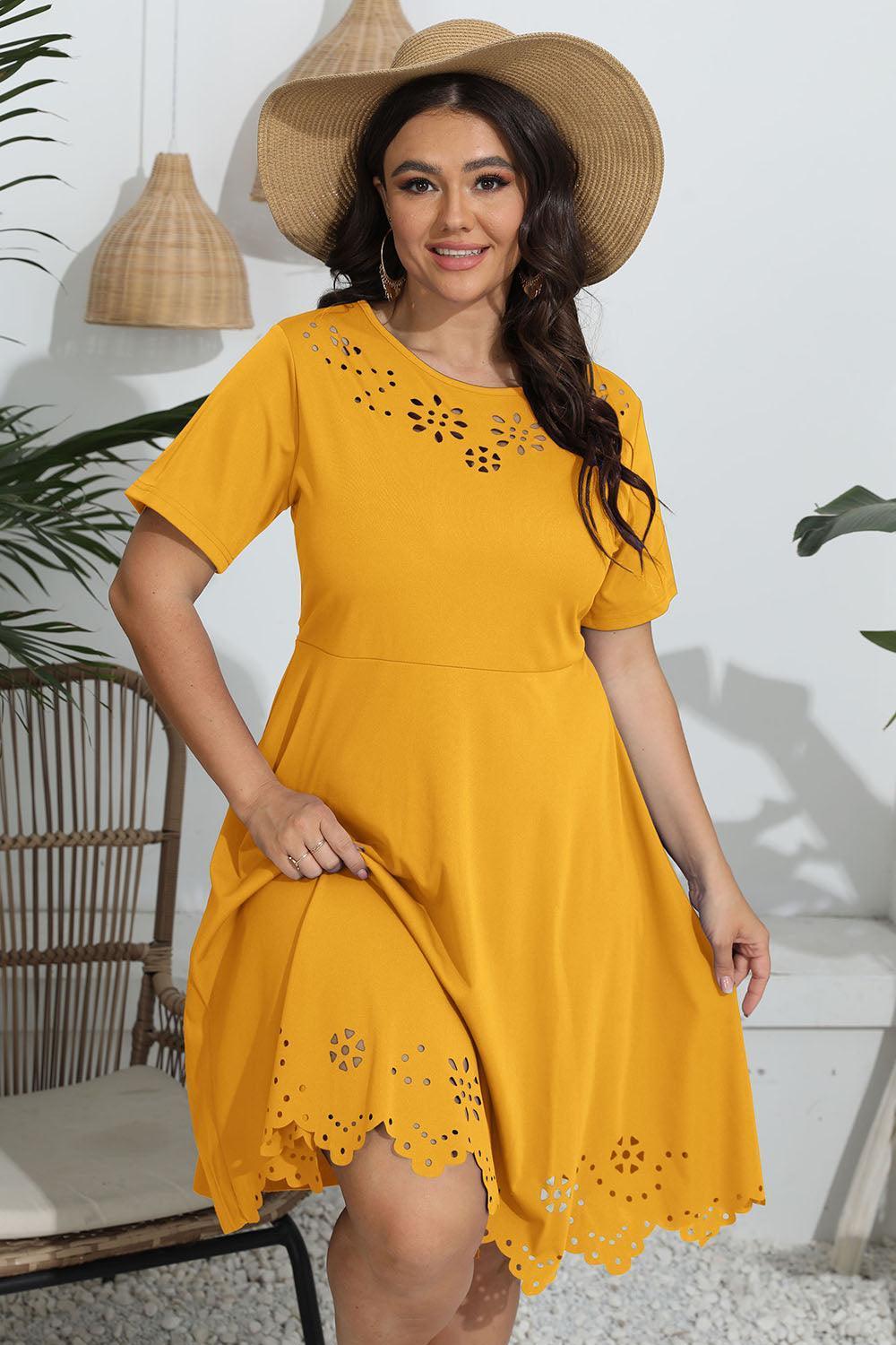 Plus Size Round Neck Openwork Dress - ClubOn