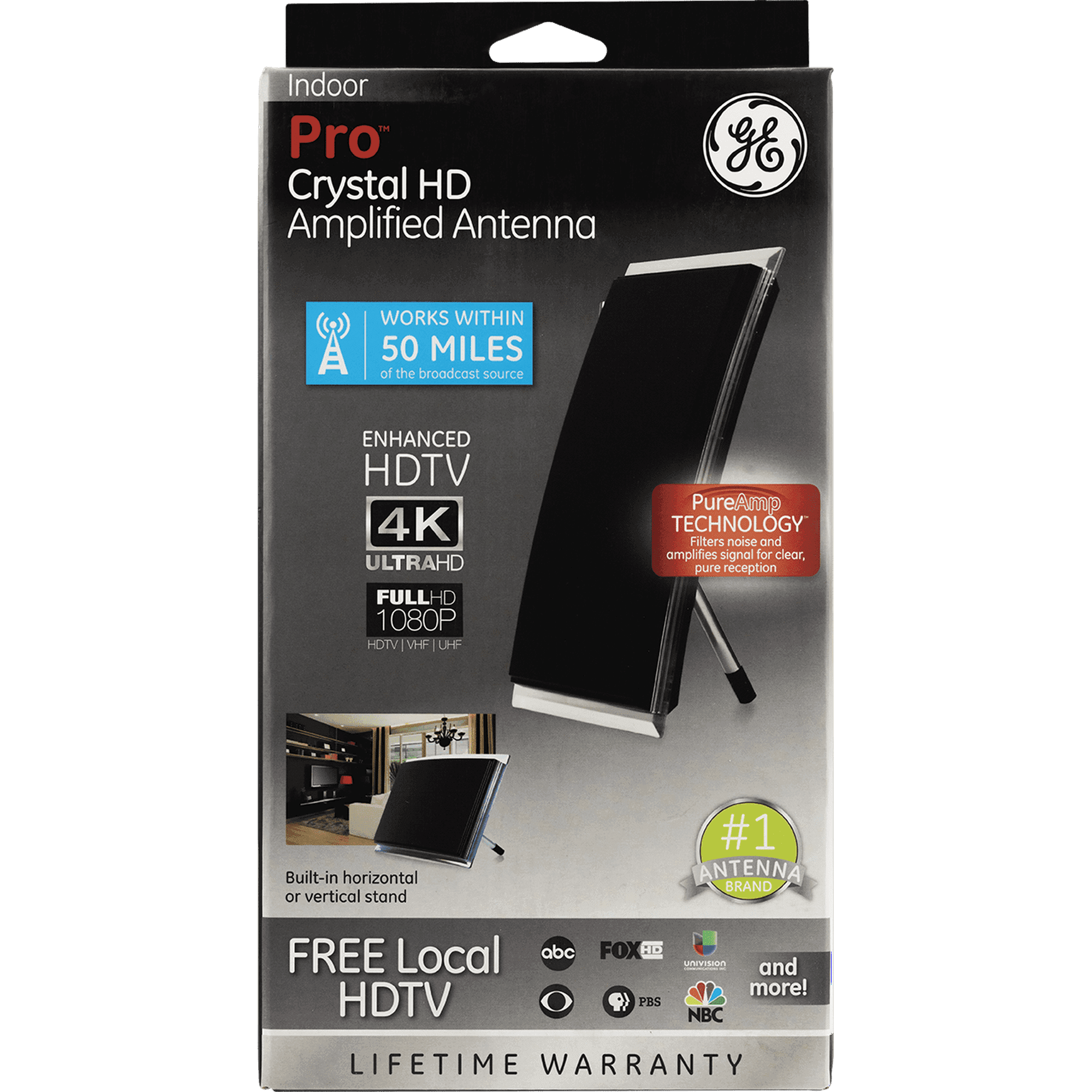 GE Crystal Amplified HDTV Antenna – 50-Mile Range, VHF, 1080P/4K, Black, Model 48732 - ClubOn