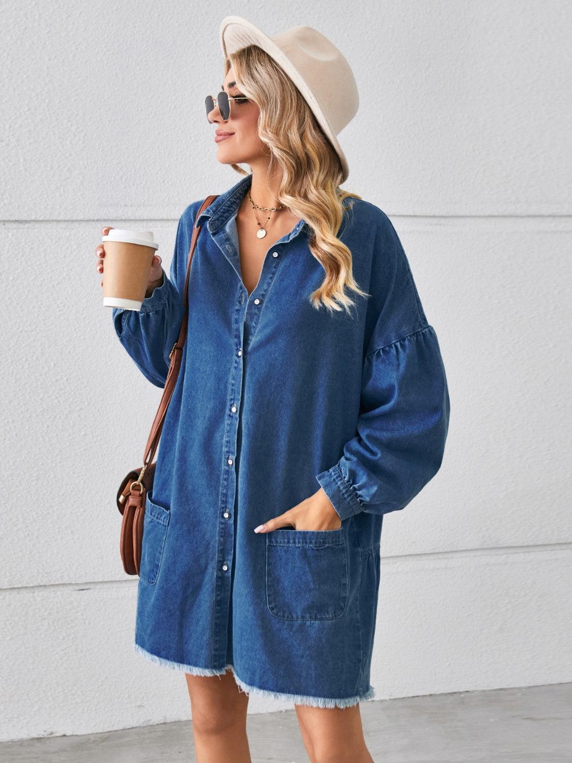 Button Up Pocketed Raw Hem Denim Dress - ClubOn