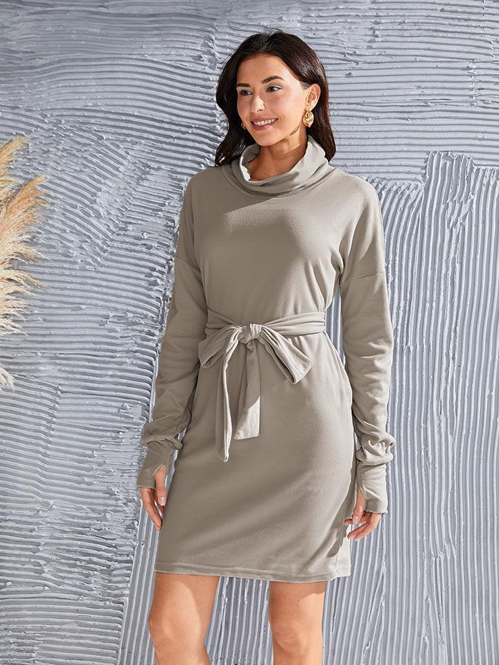 Tie-Waist Turtleneck Long Sleeve Dress - ClubOn