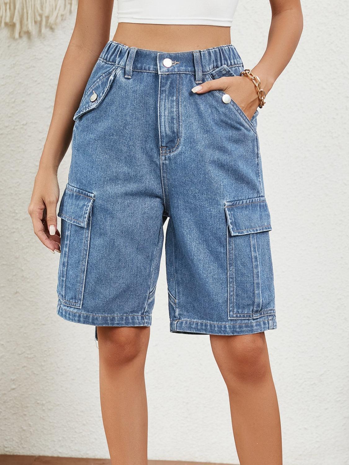 High Waist Denim Shorts with Pockets - ClubOn