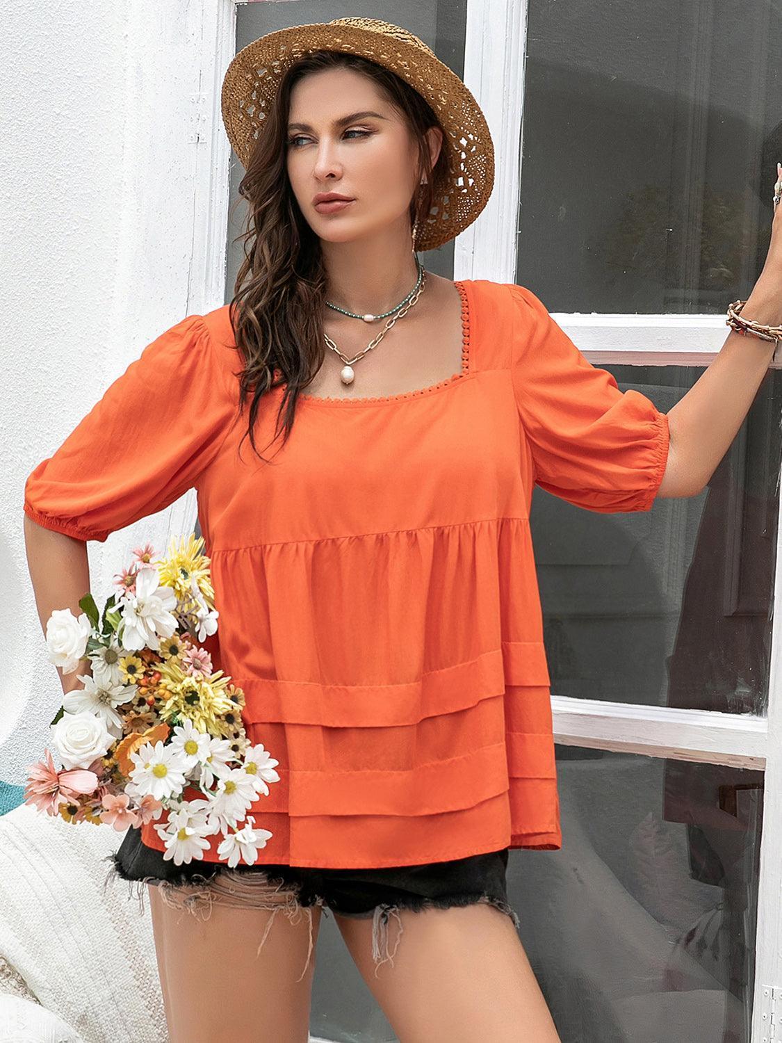 Plus Size Square Neck Half Sleeve Blouse - ClubOn