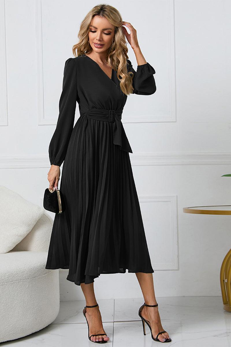 V-Neck Long Sleeve Tie Waist Midi Dress - ClubOn