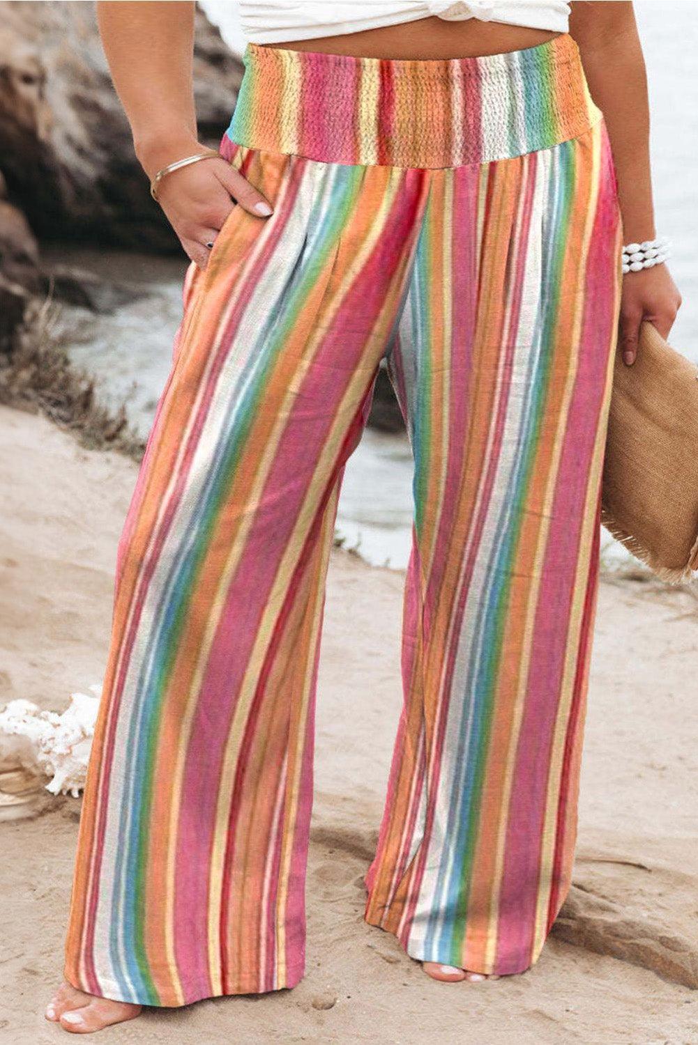 Plus Size Striped Wide Leg Pants - ClubOn