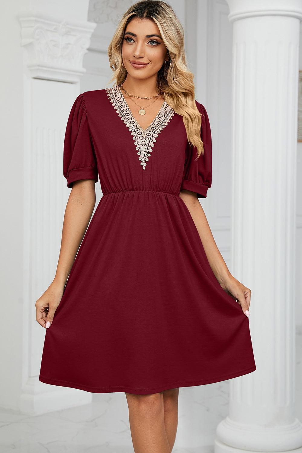 V-Neck Puff Sleeve Dress - ClubOn