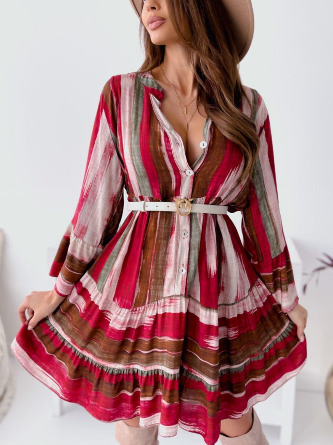 Buttoned Striped Long Sleeve Mini Dress - ClubOn