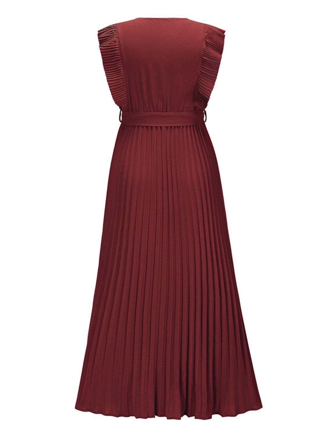 Tied Surplice Cap Sleeve Pleated Dress - ClubOn