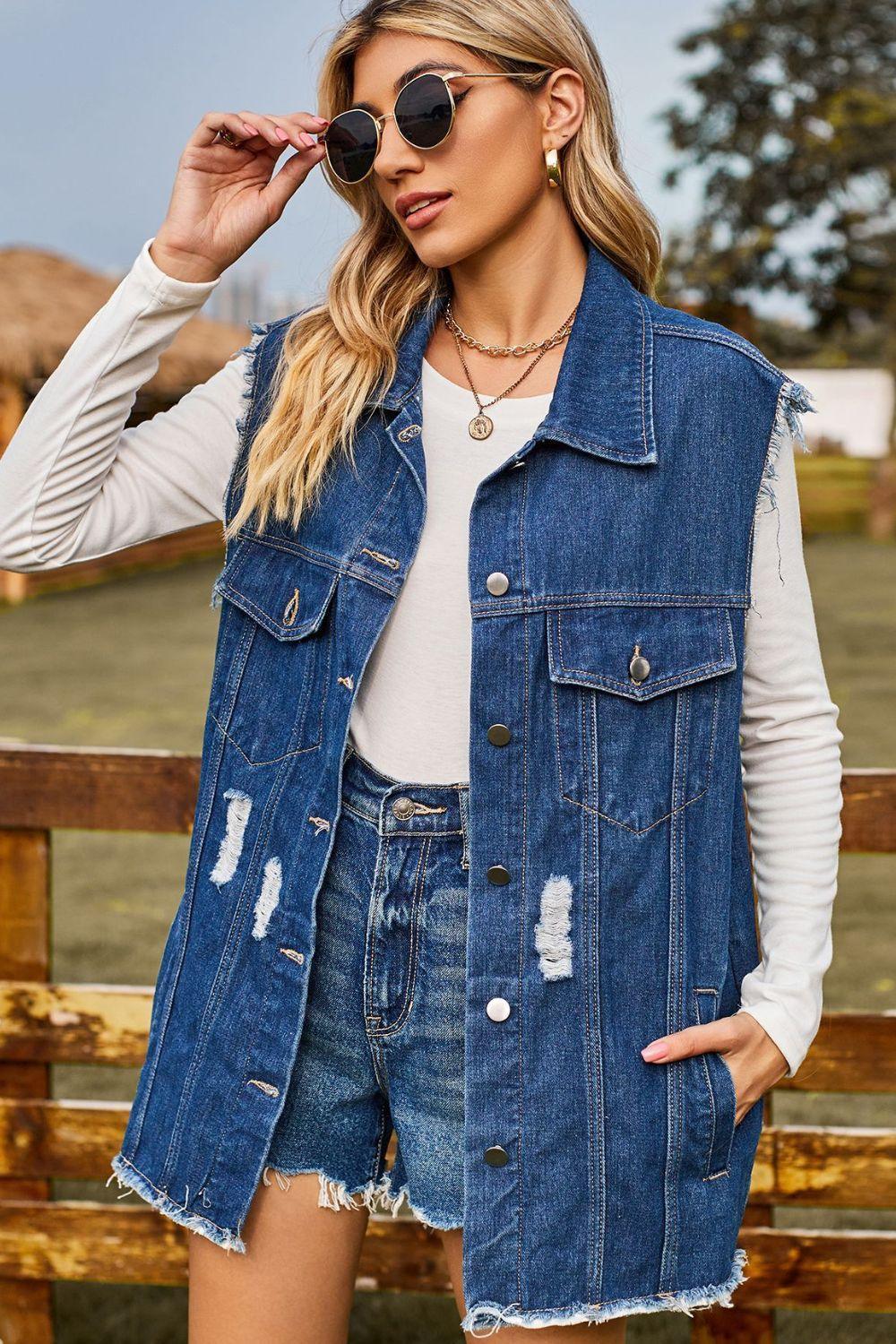 Sleeveless Button-Up Collared Denim Top with Pockets - ClubOn