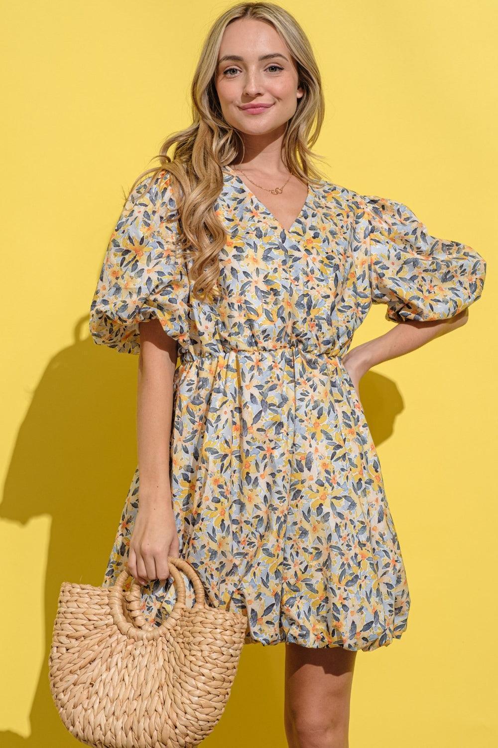 And The Why Full Size Floral Surplice Puff Sleeve Dress - ClubOn
